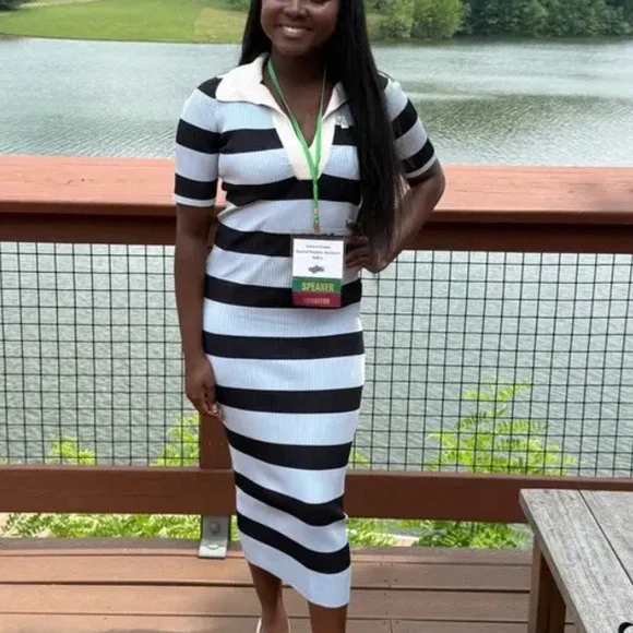 A.L.C. Blue Black Stripe Polo Midi Dress XL Preppy Ribbed Knit Designer $500 - Picture 9 of 12